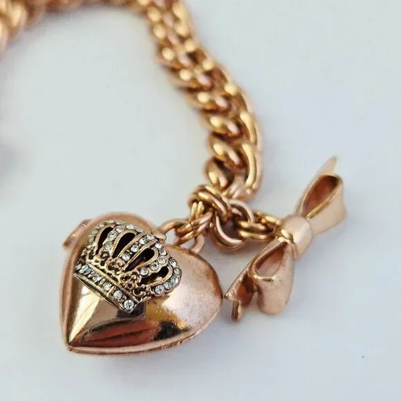 2013 Vintage Juicy Couture Rose Gold Heart Locket Bracelet Bow Toggle Closure - Picture 3 of 11
